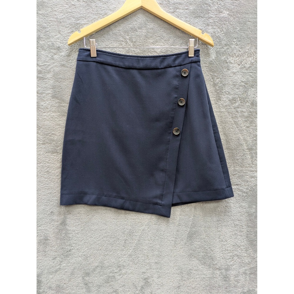 Preppy Faux Wrap Mini Skirt Womens Size 2 Navy Blue Button Detail A-Line